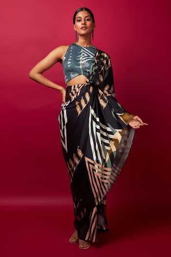 Vedika M Pre-Draped Geometric Print Saree With Blouse 