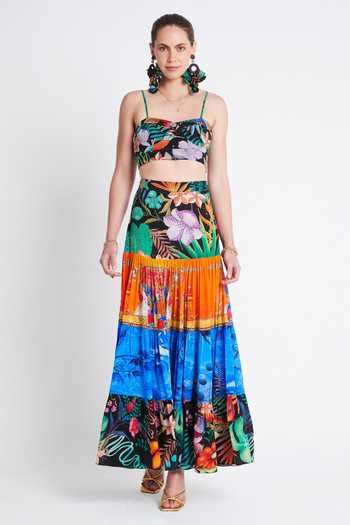 Zariaah Tropical Floral Print Tiered Skirt 
