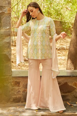 NIMA FASHIONS Pearl Embroidered Kurta Sharara Set 