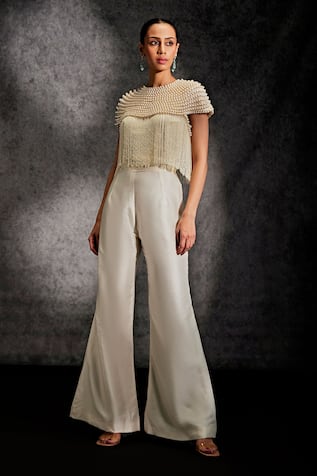 Utopia Misty Pearl Embellished Top With Bell Bottom Pant For Kids