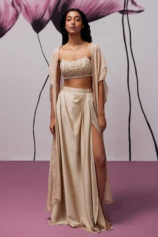 Zoon Floral Sequin Embroidered Cape Draped Skirt 