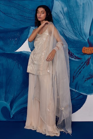 Sequin Floral Embroidered Kurta Sharara Set 