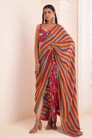 AFFROZ Striped Print Pre-Draped Saree With Blouse 