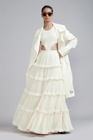 Mati Fringed Lehenga Set With Cotton Trench Jacket 