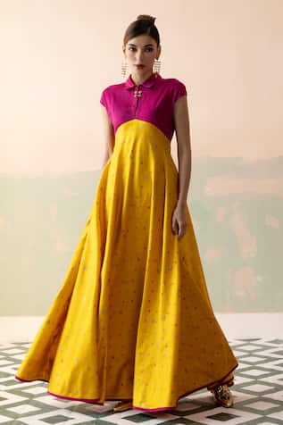 Bandhani Buti Frill Lantern Sleeves High Low Gown 