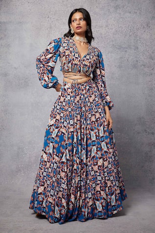 Senren By Eshana Raut Abstract Geometric Print Blouse With Lehenga 