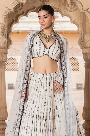 PREEVIN Thread Stripe Embroidered Lehenga Set 