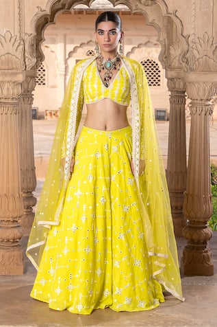 Preevin Floral Mirrorwork Embroidered Lehenga Set 