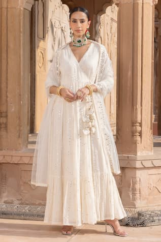 PREEVIN Mirror Embroidered Angarkha Anarkali With Dupatta 