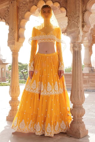 PREEVIN Thread Embroidered Tiered Lehenga Set 