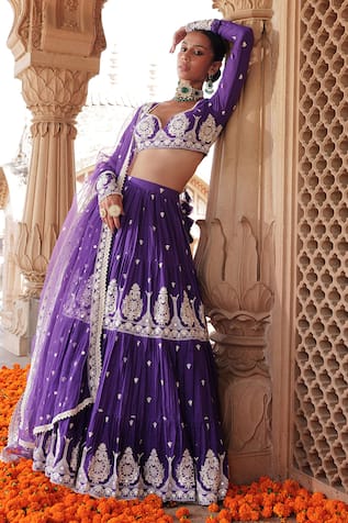 PREEVIN Vintage Thread Embroidered Tiered Lehenga Set 