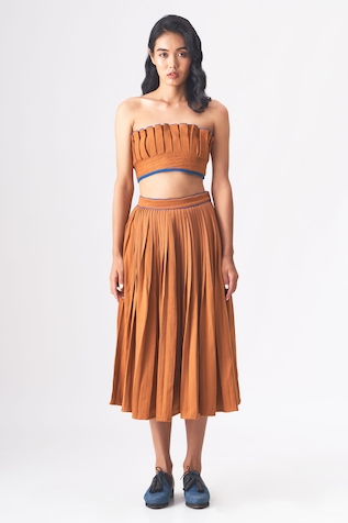 Buy Brown Linen Square Neck Crop Top And Pant Set For Women by Cord Online  at Aza Fashions.
