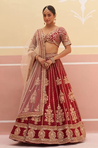 Angad Singh Floral Striped Zardozi Embroidered Bridal Lehenga Set 