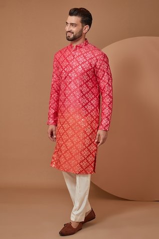 Buy Pink Kurta Raw Silk Embroidered Thread Floral With Bell Bottom Pant For  Men by Amrit Dawani Online at Aza Fashions.