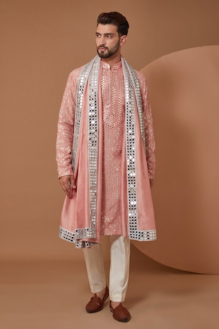 Blush Pink Crepe Floral Printed Pants Design by Jubinav Chadha Men