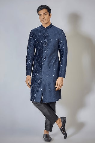 Sequin Embroidered Achkan & Pant Set For Kids