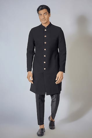 Black Textured Achkan Set For Kids