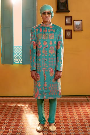 Siddhartha Bansal Suede Velvet Printed Sherwani With Churidar 