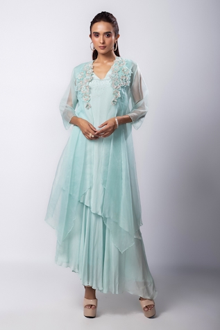 Champagne Pearl Embellished Anarkali With Cape - Nidhika Shekhar