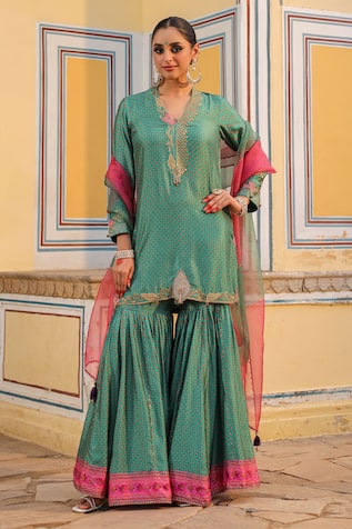 Label Niti Bothra Cheent Print Embroidered Kurta Sharara Set 