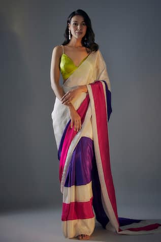 Color Block Pre-Draped Saree With Lime Blouse 
