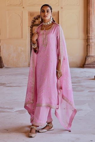 KARAJ JAIPUR Embroidered Straight Kurta Pant Set 