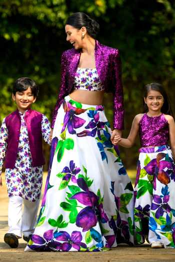 Thetaa Floral Print Lehenga Set With Embellished Cropped Jacket 