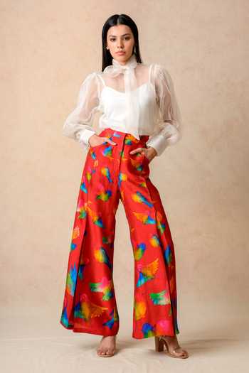Thetaa Abstract Bird Print Pant With Sheer Top 