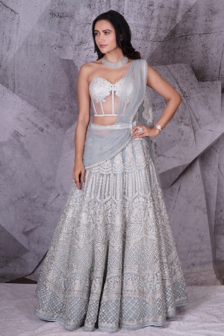 Crystal Embellished Floral Lehenga Set 