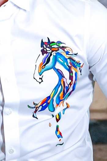 Buy White Cotton Blend Hand Painted Horse Motif Shirt For Men by