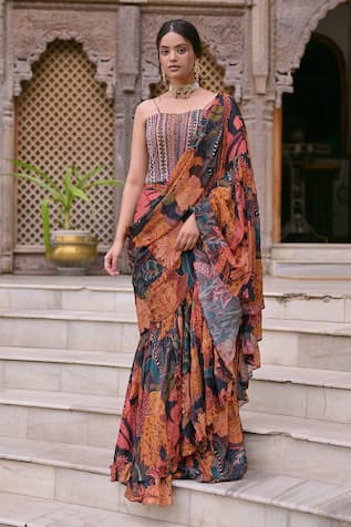 Saangi Tiger Print Pre-Draped Saree With Blouse 