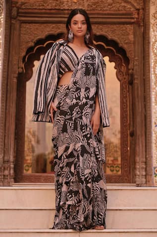 Saangi Zebra Print Pre-Draped Saree Set With Blazer 
