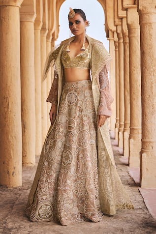 Megha Bansal Chaand Vrit Pearl Embroidered Lehenga Trench Coat Set 