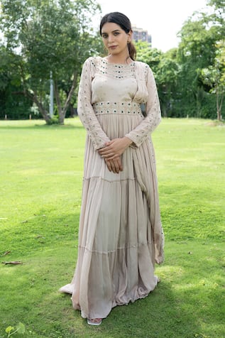 Label Lila Sequin Aster Embellished Anarkali With Attached Pleated Drape 