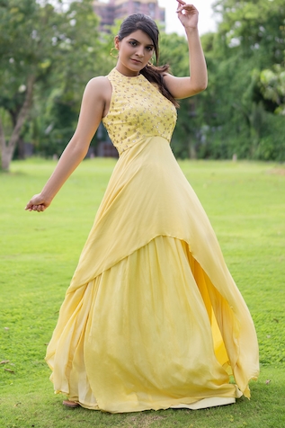 Label Lila Sequin Marigold Embellished Long Top With Lehenga