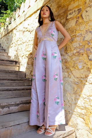 Pasha India Floral Print Peacock Motif Embroidered Jumpsuit 