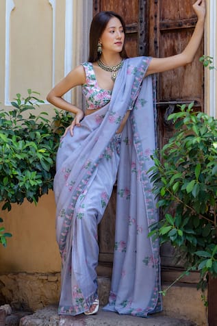 Pasha India Floral & Polka Dot Print Pre-Draped Saree With Blouse 