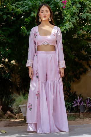 Pasha India Floral Print Embroidered Cape Sharara Set 