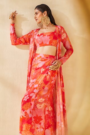 Ankita Dharman Blossom Pattern Jacket Draped Skirt Set 