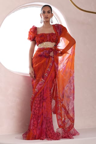 Mahima Mahajan Raha Floral Jaal Pattern Pre-Draped Saree With Blouse 