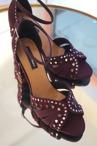 Wine Satin Block Heels With Mirror Embellishments 