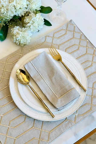 Cotton Linen Geometric Embroidered 6 Pcs Table Mats 