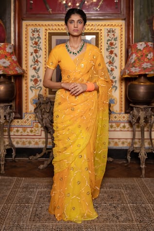 Geroo Jaipur Gota Embroidered Ombre Saree With Unstitched Blouse Piece 