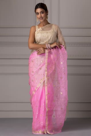 Geroo Jaipur Jaal Pattern Embroidered Saree With Unstitched Blouse Piece 