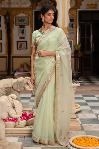 Geroo Jaipur Bead & Gota Work Saree With Unstitched Blouse Piece 