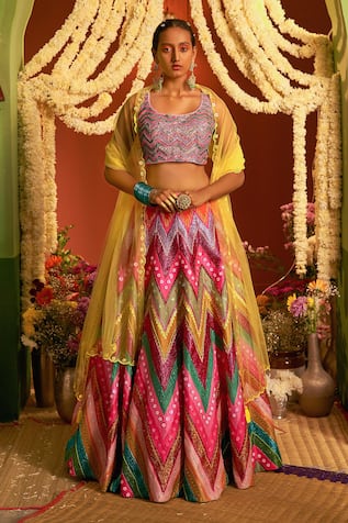 Siddhartha Bansal Chevron Pattern Embroidered Lehenga Set 