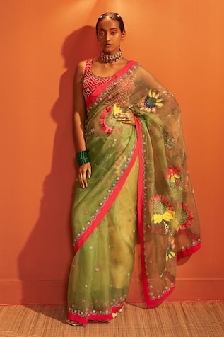 Siddhartha Bansal Silk Organza Embroidered Saree With Blouse 