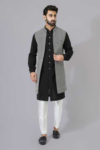 Chatenya Mittal Textured Black & White Bundi Kurta Set 