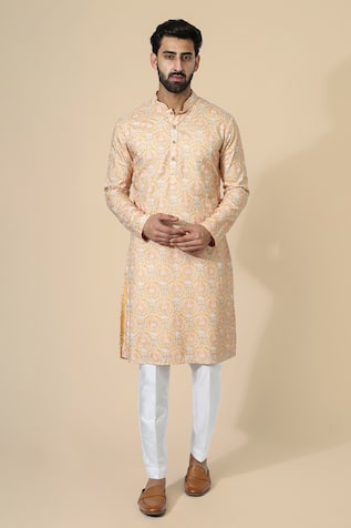 Floral Embroidered Orange Kurta Set For Kids