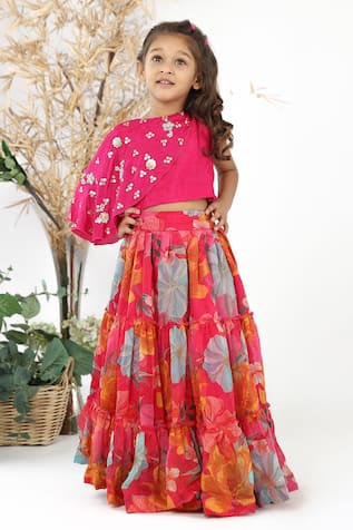 LA Dee DA Printed Tiered Lehenga & Draped Top Set 